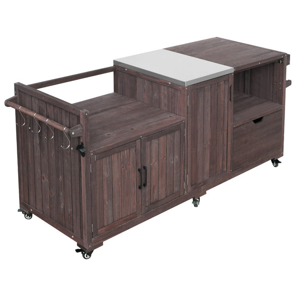 English Elm K&k 80.5 Inch Outdoor Kitchen Island Solid Fir Wood Stainless Steel Grill Cart Station Brown N707P392140Z