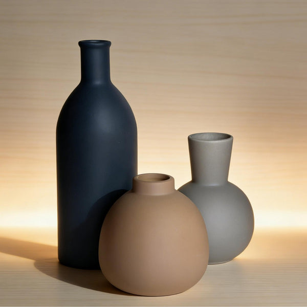 English Elm Rustic Matte Ceramic Vase Trio Neutral Tones Shelf Mantel Farmhouse Boho Decor Black+ Gray W2181P475133