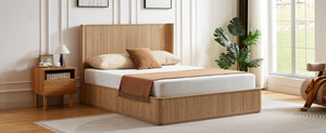 English Elm Natural Fluted Wood Platform Bed Minimalist Queen Frame with Tall Curved Headboard Oak W5219S00004