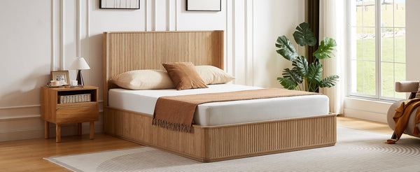 English Elm Natural Fluted Wood Platform Bed Minimalist Queen Frame with Tall Curved Headboard Oak W5219S00004