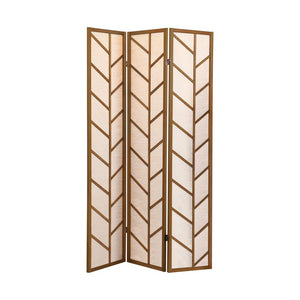 English Elm 3-Panel Folding Shoji Screen Room Divider Walnut Pine Frame with Jute Linen Panels & Feather Motif, Rustic Modern B016P384829
