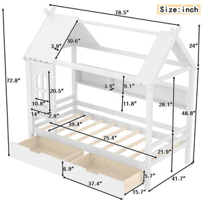 English Elm Twin House Platform Bed with Drawers & Shelves, Solid Wood Playhouse Frame for Kids, Cozy Design Light White W1580S00265