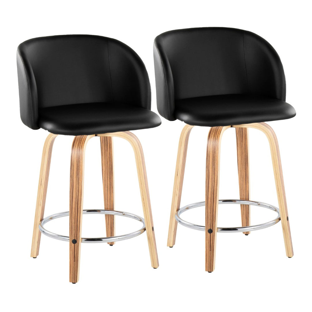 English Elm Fixed-height Swivel Counterstools Zebra Wood Bentwood Legs Faux Leather Seat Set of 2 B202S01745