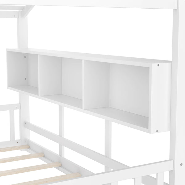 English Elm Twin House Floor Bed for Kids Montessori Playhouse with Roof, Built-In Shelf, Sturdy Pine Frame, Safeologna White 78.6 L x 16.6 W x 6.85 H N733P335064K