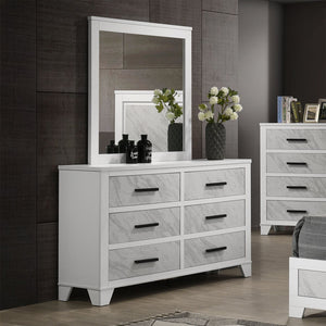 English Elm White Contemporary Dresser 58" W Faux Marble Inset Black Bar Pulls Metal Glide English Dovetail B2741P406274