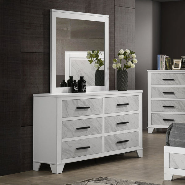 English Elm White Contemporary Dresser 58" W Faux Marble Inset Black Bar Pulls Metal Glide English Dovetail B2741P406274