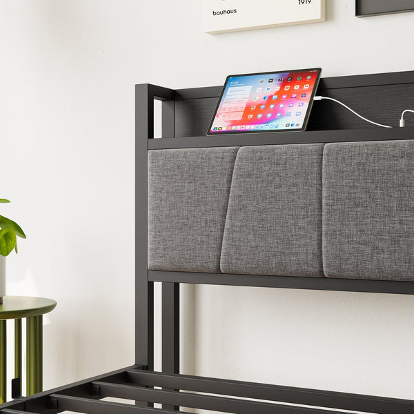 English Elm Twin Twin Size Bed Frame with Storage Headboard & Charging Station, Gray Upholstered, Sturdy 300lb Support W840P179116
