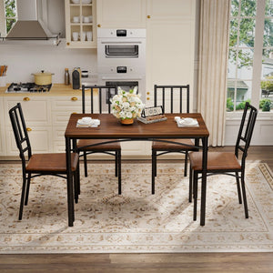 English Elm Dining Set for Four with Steel Frame Chairs and Particleboard Top Industrial Kitchen Walnut W1162P430310