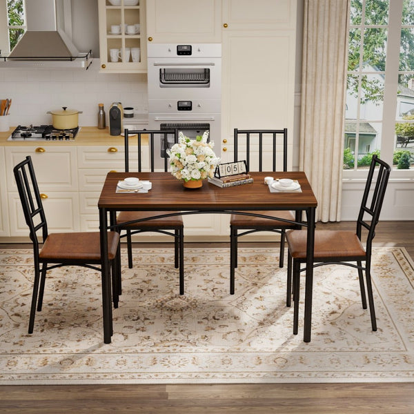 English Elm Dining Set for Four with Steel Frame Chairs and Particleboard Top Industrial Kitchen Walnut W1162P430310