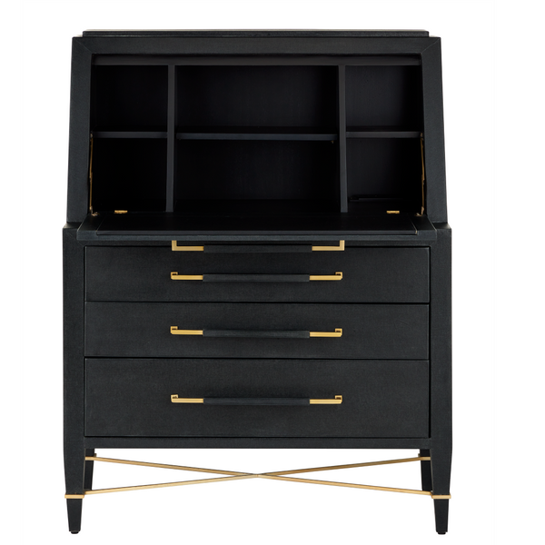 Verona Black Secretary Desk - Stylish Lacquered Design with USB Ports, Adjustable Shelves & Safety Features