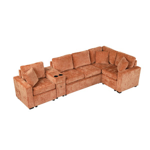 English Elm 120.5" L-shaped Convertible Sofa Bed Modular Sectional with Pull-Out Sleeper, Chenille, Storage, Cup Holders Orange N719S001940G