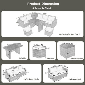 English Elm Topmax Outdoor Wicker Sectional Set with Storage Adjustable Seating and Tempered Glass Table Light Grey N717S100005G