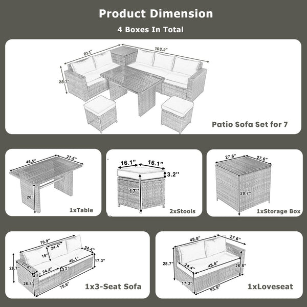 English Elm Topmax Outdoor Wicker Sectional Set with Storage Adjustable Seating and Tempered Glass Table Light Grey N717S100005G