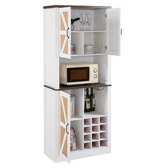 English Elm 76 Inch Tall Farmhouse Wine Cabinet with 12 Bottle Compartments, Faux Rattan 3D Doors, Shelves W2702P183952