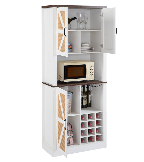 English Elm 76 Inch Tall Farmhouse Wine Cabinet with 12 Bottle Compartments, Faux Rattan 3D Doors, Shelves W2702P183952