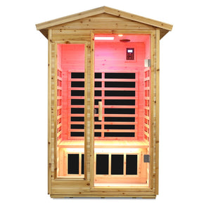 English Elm Two Person Far Infrared Outdoor Sauna Fir Wood Cabin with Bluetooth and Lcd Control W632S00031