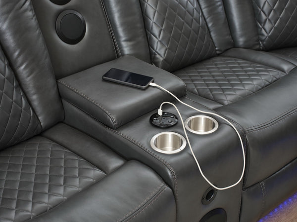 English Elm M071 Power Reclining Sectional Sofa with Bluetooth Speakers, LED Strips, USB Charger & Cupholders Grey W1805S00067