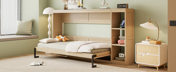 English Elm Twin Space-Saving Murphy Bed with Bookshelf and Fold-Down Desk, LVL/MDF, Compact Modern Design Natural GX002221AAN