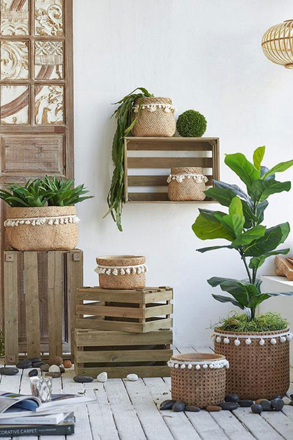 English Elm Set Of 2 Stylish 6.5" Brown Cement Planters With Woven Tassels - Perfect For Small Plants & Decor! W2078P326608-GIGA