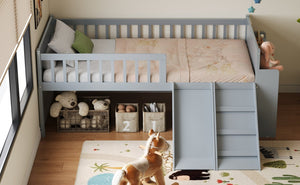 English Elm Twin Platform Kids Bed with Slide Ladder Guardrails Storage Shelf Wood Frame Gray N733S415411E