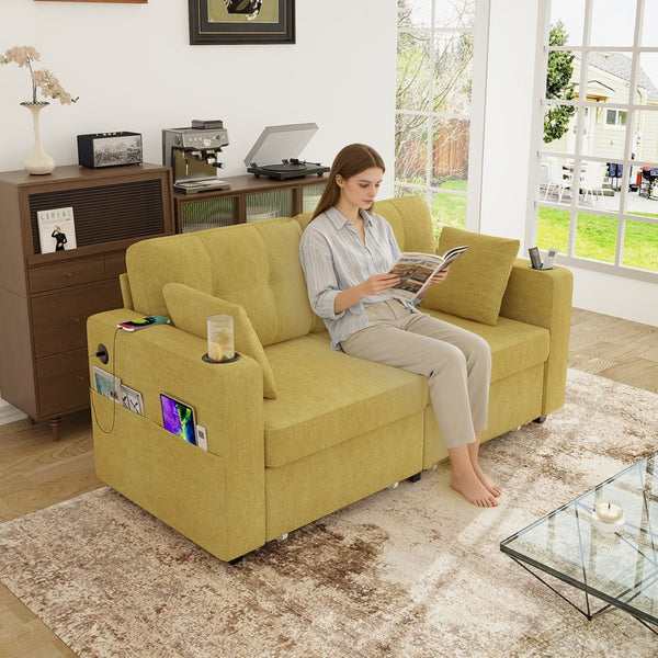 English Elm Sofas for Living Room Chenille Three Seat Couch with Usb Charging Storage and Cup Holder Mustard Yellow W395S00145