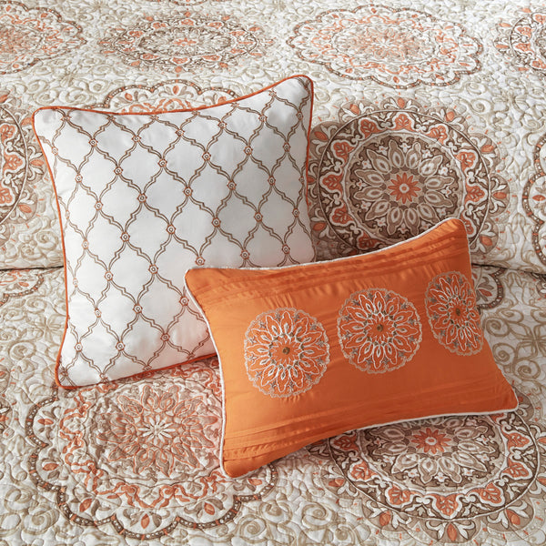 English Elm 6 Piece Reversible Quilt Set with Paisley Motif and Neutral Reverse, Embroidered Throw Pillows Included Orange 23.23 L x 18.11 W x 11.42 H B03597403