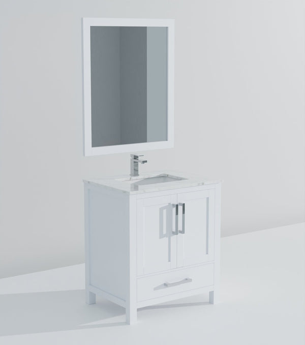 English Elm White Bath Vanity Set With Carrara Marble Top, Chrome Faucet & 28" Mirror - Elegant Bathroom Upgrade B2731S01248-GIGA