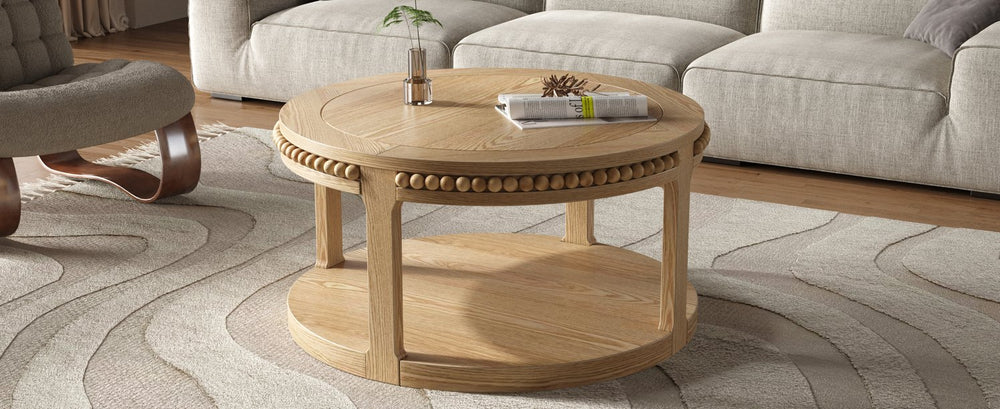 English Elm 31.5 Inch Round Solid Wood Coffee Table Two-Tier Thick Top Sturdy Legs 100lb Capacity, Elegant Finish Natural Wood W1445P341374