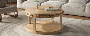 English Elm 31.5 Inch Round Solid Wood Coffee Table Two-Tier Thick Top Sturdy Legs 100lb Capacity, Elegant Finish Natural Wood W1445P341374
