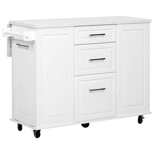 English Elm K&K Vintage Convex Kitchen Island Cart with Faux Marble Top, Tilt Trash, Pull-Out Organizer, Wheels White N707P299008W