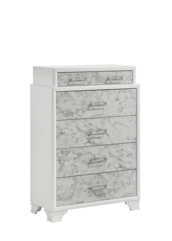 English Elm Soul Modern White Chest of Drawers with Marble-Pattern Panels, 6 Drawers, Silver Handles, Durable Wood Finish G150108659