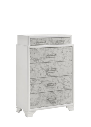English Elm Soul Modern White Chest of Drawers with Marble Panels, 6 Spacious Drawers & Silver Handles for Bedroom Elegance and Durable Manufactured Wood Storage B009P309604
