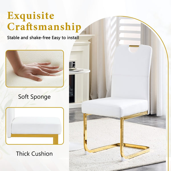 English Elm Modern Cantilever Gold Frame Pu Leather Dining Chairs Glam Set of Four White W3875P372993