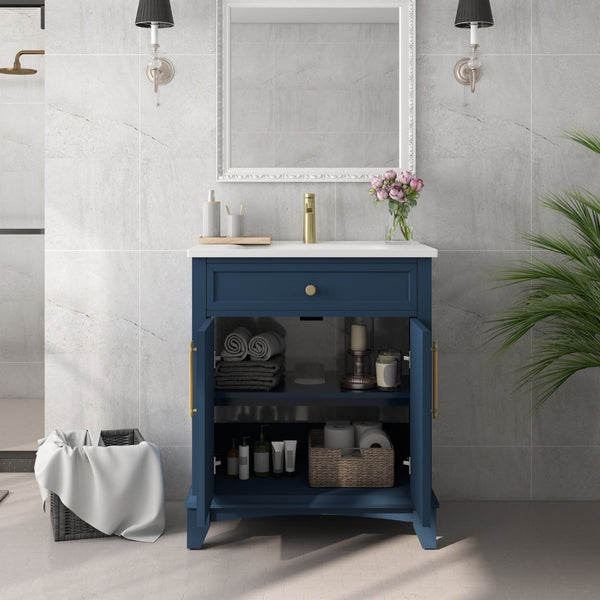 English Elm 27.8" Mid-century Freestanding Bathroom Vanity with Ceramic Sink Drawer and Wood Base Blue W1801S00005