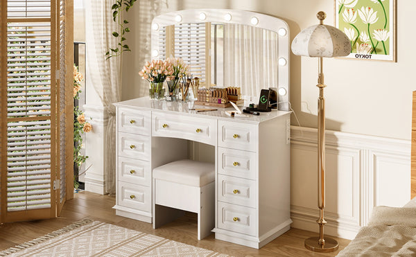 English Elm <old Sku Hollywood Vanity with 10 Bulbs 9 Drawers Cushioned Stool White Glam Bedroom N704G202308A