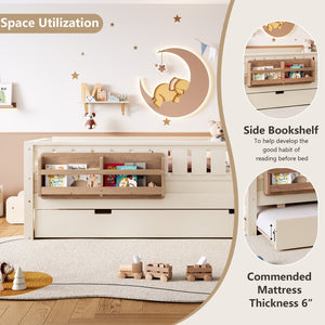 English Elm Twin Kids Platform Bed with Trundle Staircase Bookshelf and Rounded Safety Rails Beige W1580S00556