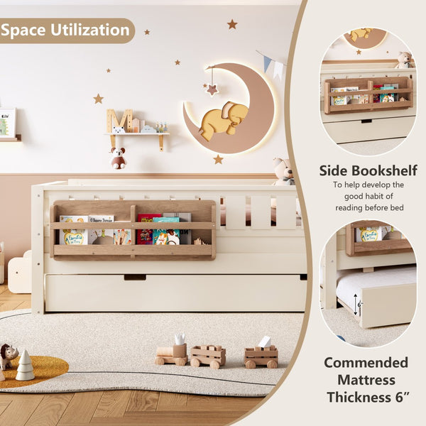 English Elm Twin Kids Platform Bed with Trundle Staircase Bookshelf and Rounded Safety Rails Beige W1580S00556