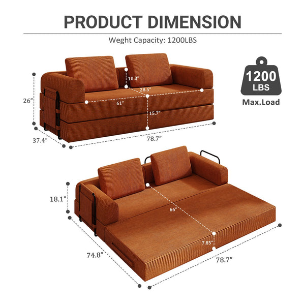 English Elm Convertible Sleeper Sofa Bed Corduroy Folding Mattress Couch with Cylindrical Pillow, Space-Saving Comfort for Living Room and Studio Orange W3366P364239