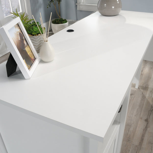 English Elm L-Shaped Desk In Sleek White Finish - Spacious Corner Workspace With Storage For Home Office Efficiency B356P367731