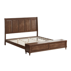 English Elm Queen Sleigh Bed Solid Rubberwood Walnut Finish Curved Headboard Footboard Storage Bench Walnut Brown W1716S00036