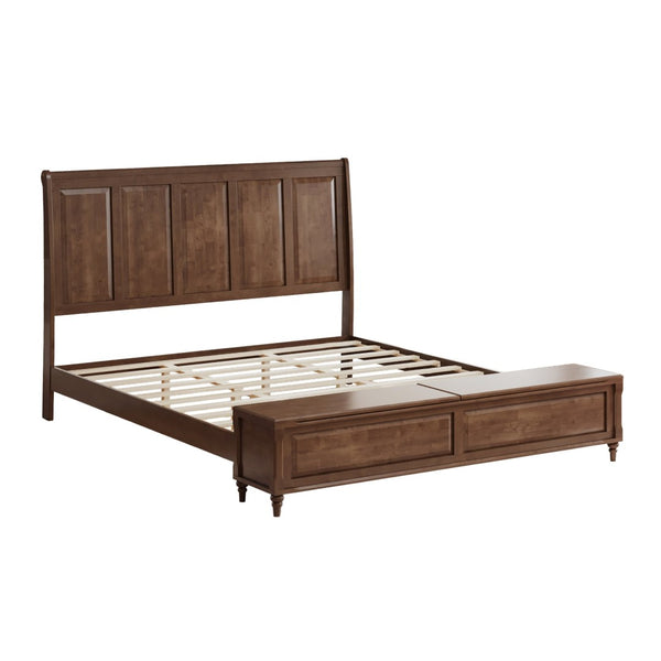 English Elm Queen Sleigh Bed Solid Rubberwood Walnut Finish Curved Headboard Footboard Storage Bench Walnut Brown W1716S00036