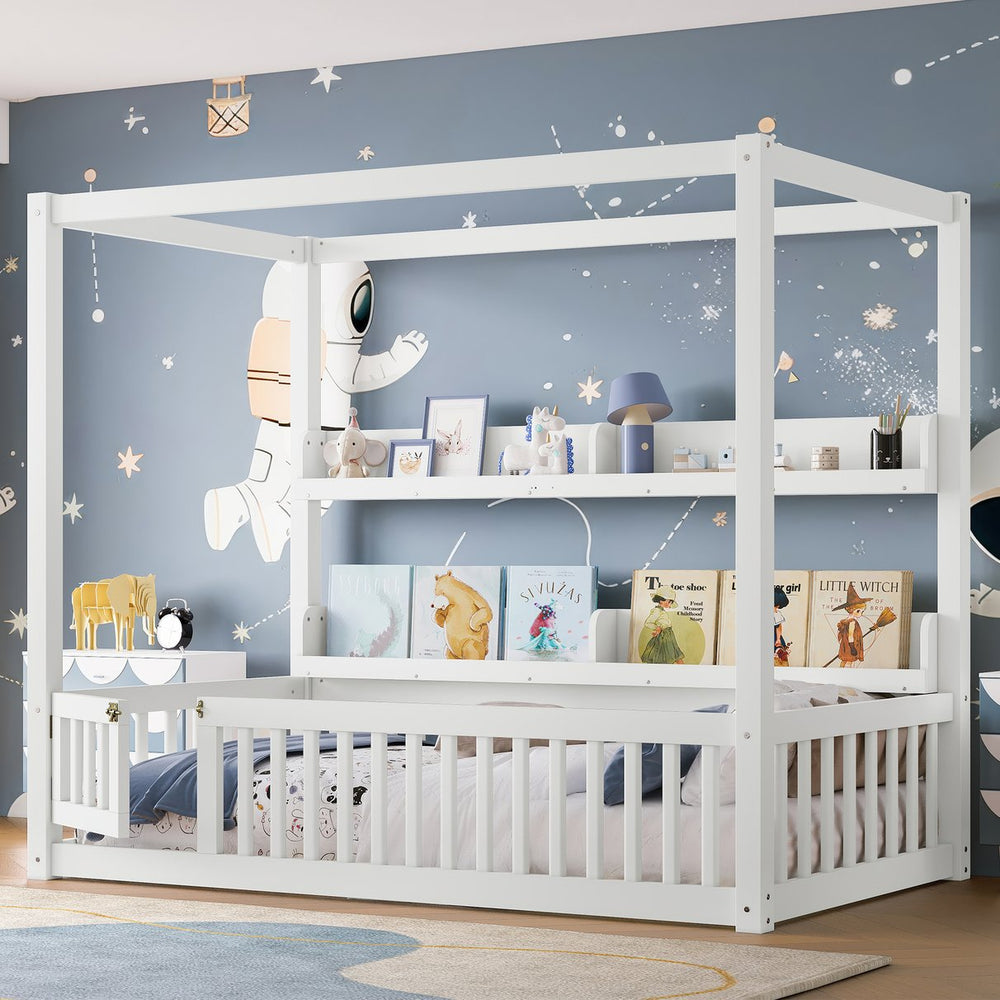 English Elm Twin House Floor Bed with Door and Full-Length Guardrails, Solid Wood Double Twin Floor Bed for Kids' Playful Rooms Light White W1580P359327