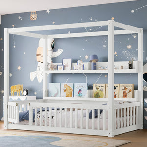 English Elm Twin House Floor Bed with Door and Full-Length Guardrails, Solid Wood Double Twin Floor Bed for Kids' Playful Rooms Light White W1580P359327