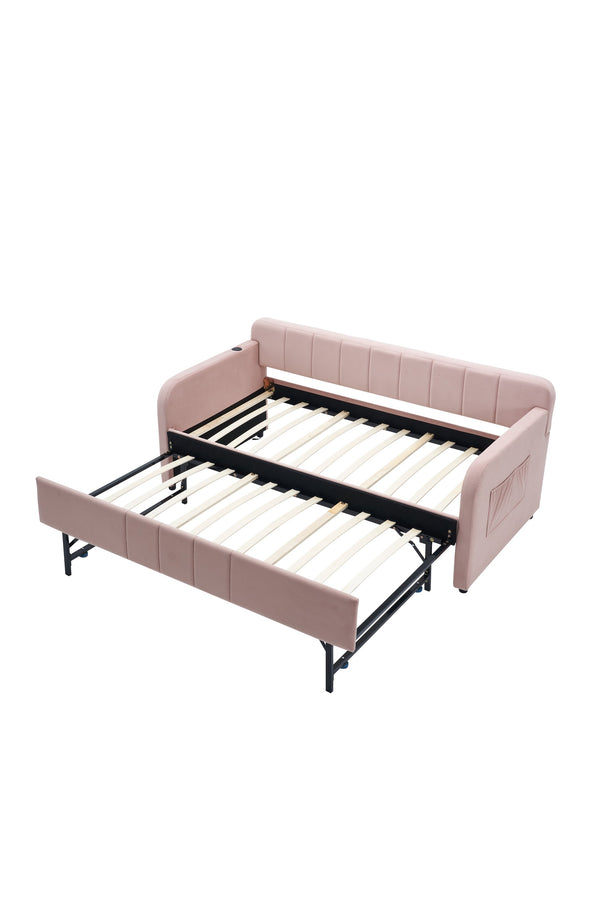 English Elm Twin Upholstered Daybed with Trundle Sofa Bed for Guest Room, Pine Wood Frame, Velvet Upholstery, Sturdy Slat Support and Full-Length Comfort Pink W1361S00023
