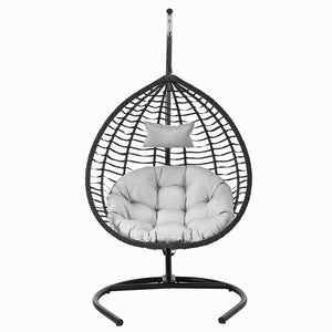 English Elm U_style Wicker Hanging Egg Chair with Stand Foldable Indoor Outdoor Swing Seat Black+ Gray N711P389502E