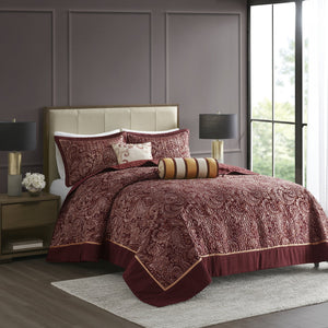 English Elm 5 Piece Aubrey Reversible Jacquard Bedspread Set King with Paisley Motif, Gold Sheen, Quilted Elegance Burgundy 22.83 L x 18.11 W x 8.27 H B03597643