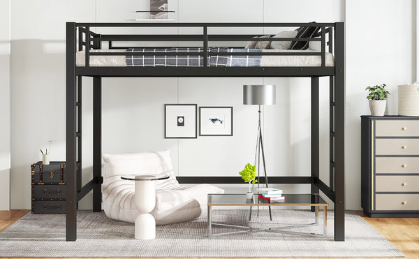 English Elm Full Metal Loft Bed with Sturdy Frame, Easy-Climb Ladder, Guardrails & Underbed Storage Space Black W1580P370678