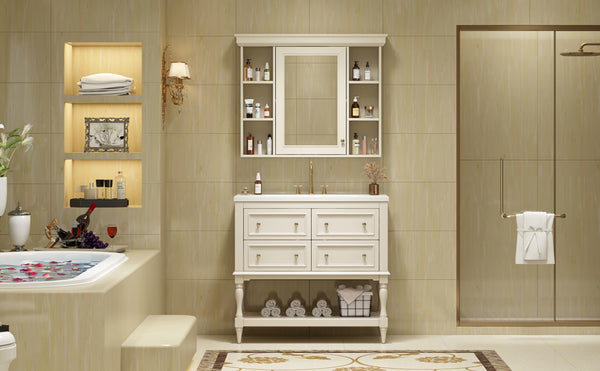 English Elm 36'' Modern Bathroom Vanity with Ceramic Sink and Medicine Cabinet, Solid Wood Frame, 4 Drawers, Waterproof Finish Beige SW000138AAY-1