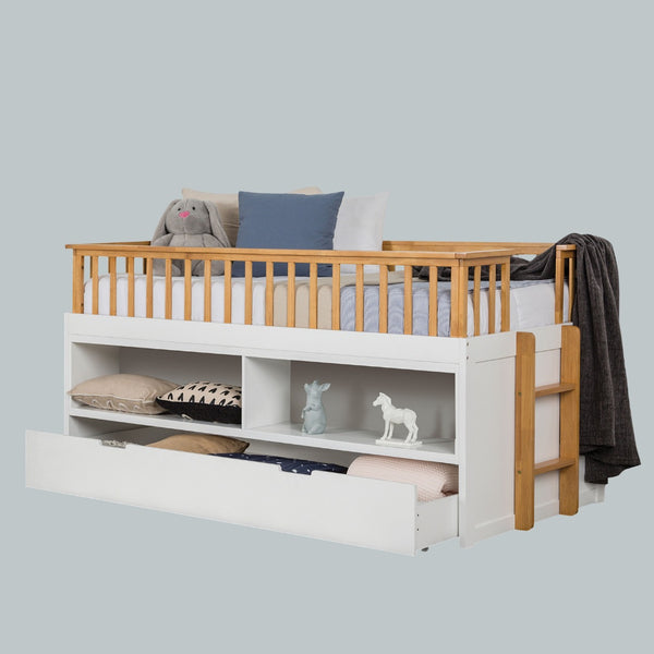 English Elm Twin Captain Bed with Trundle, White & Light Oak Transitional Frame, Built-In Shelves & Ladder — Space-Saving Twin Storage Design B2741S00491