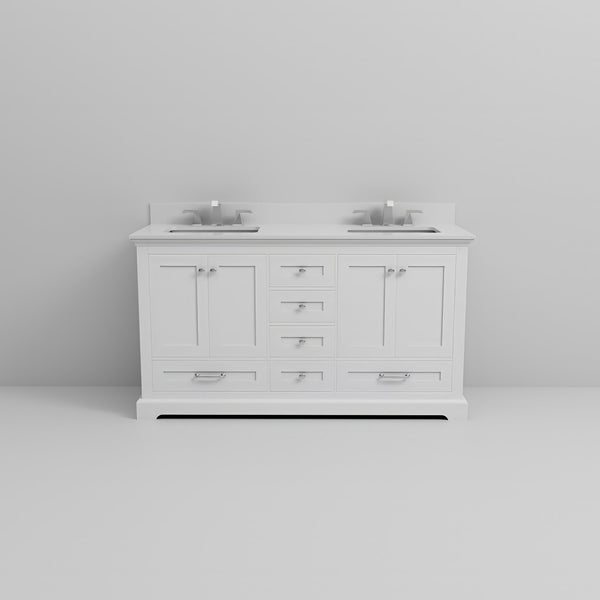 English Elm White 60-inch Double Bath Vanity with Cultured Marble Top, Soft-Close Drawers, Chrome Faucet Set B2731P258372